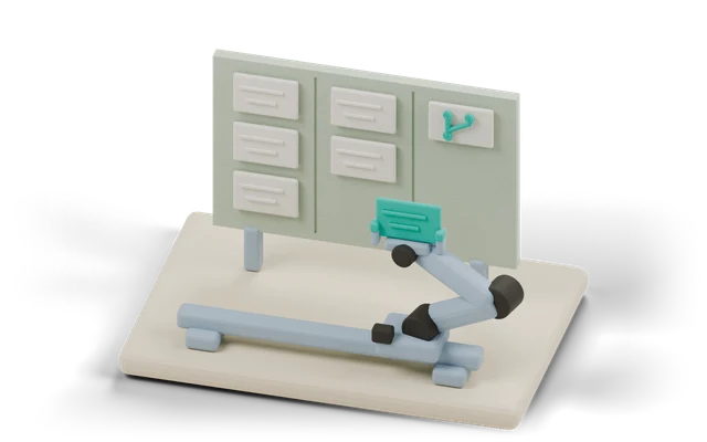 Clay model of a conveyor with four upright cards travelling along it, one of the tiles on the rail picked out in teal