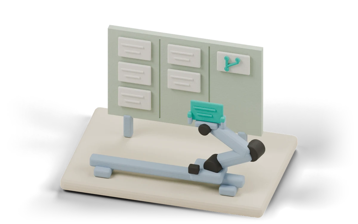 Clay model of a conveyor with four upright cards travelling along it, one of the tiles on the rail picked out in teal