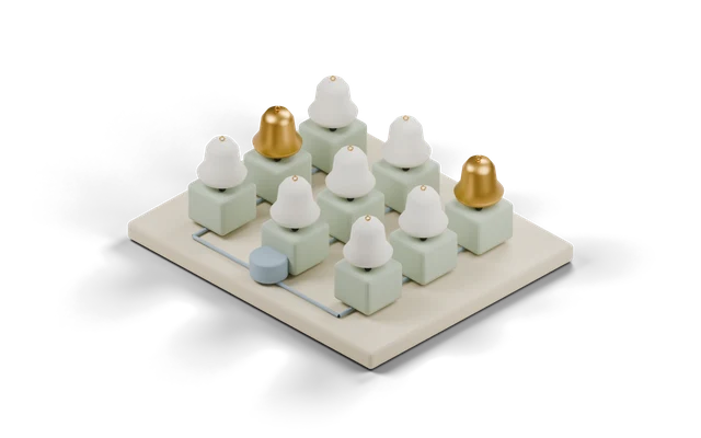 Clay model of a grid of small blocks with pin lights on top, two of them lit teal and one dark