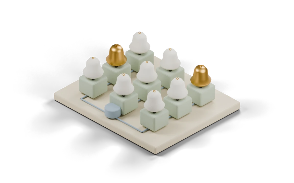 Clay model of a grid of small blocks with pin lights on top, two of them lit teal and one dark