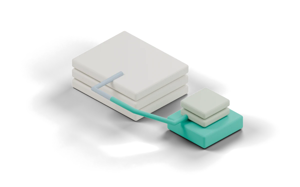 Clay model of a stack of slabs with a teal branch leading to a smaller sandbox slab