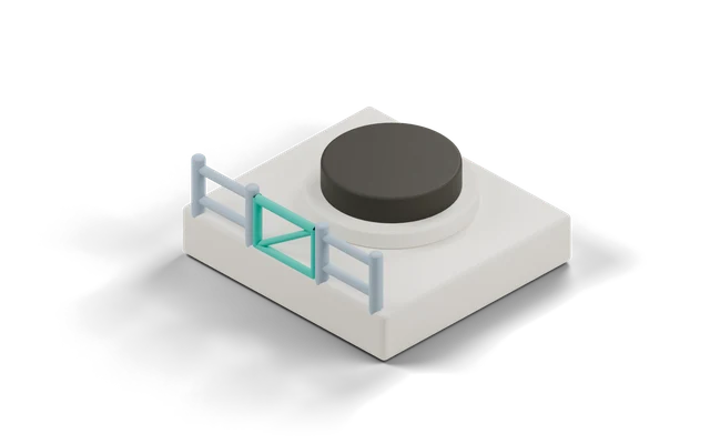 Clay model of a dark disc on a plinth, fenced off behind a teal gate