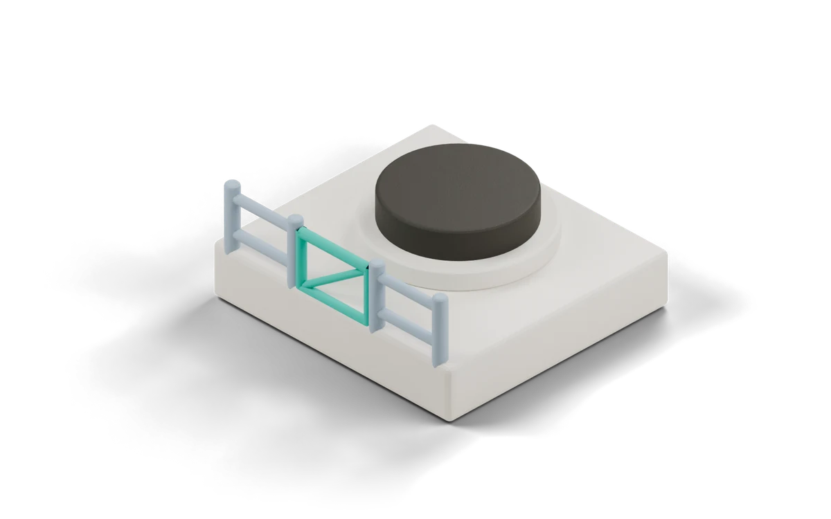 Clay model of a dark disc on a plinth, fenced off behind a teal gate