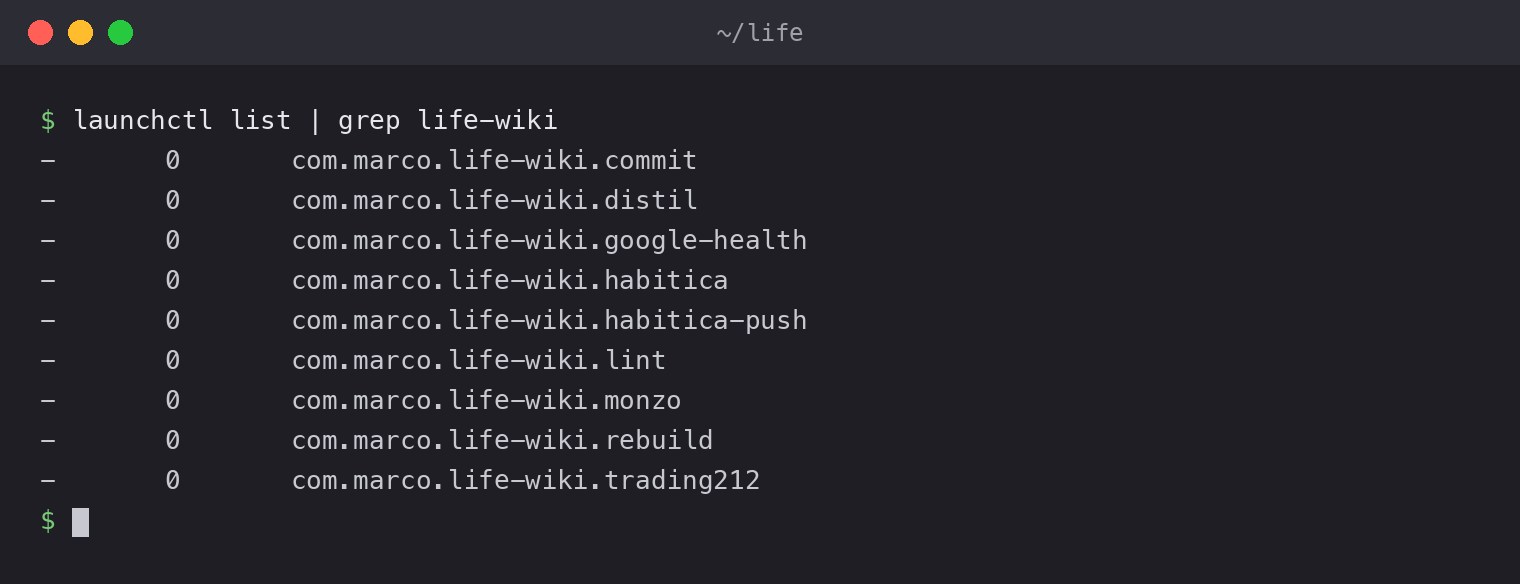 Output of launchctl list filtered to life-wiki, showing nine loaded jobs